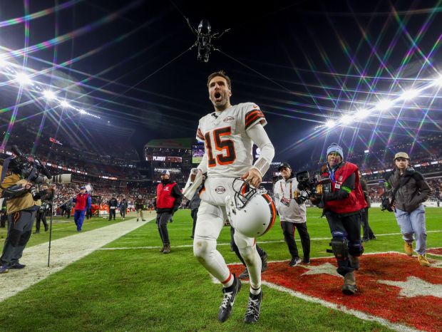 Joe Flacco celebrates after the Browns' win over the Jets on Dec. 28. (Tim Phillis For The News-Herald)