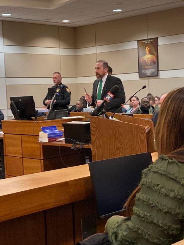 Lorain County Assistant Prosecutor Chris Pierre addresses Judge Chris Cook during the sentencing hearing. (Heather Chapin--The Morning Journal)